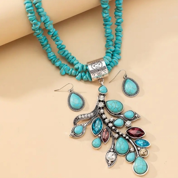 Turquoise and Silver Peacock Tail Pendant Necklace Set-(#0172) - Picture 1 of 3